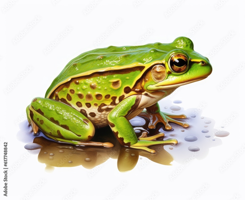 Rana esculenta. Green (European or water) frog on white background. Created with Generative AI technology. Rana esculenta. Green (European or water) frog on white background. Created with Generative AI technology.