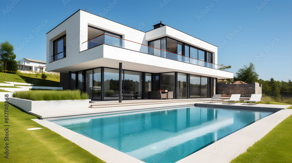 Modern big house with pool with blue sky created with Generative AI