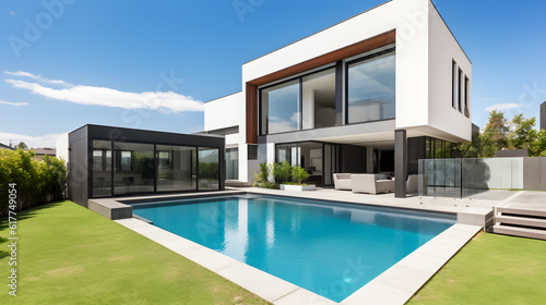 Modern big house with pool with blue sky created with Generative AI © kimly