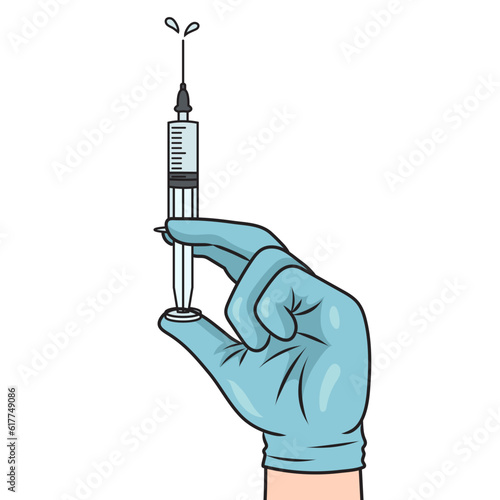 Syringe with medicine in the hand of medical professional schematic vector illustration. Medical science educational illustration