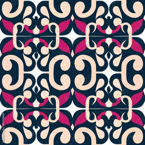 Black and pink art nouveau pattern on white background. Seamless and ornate geometric design.