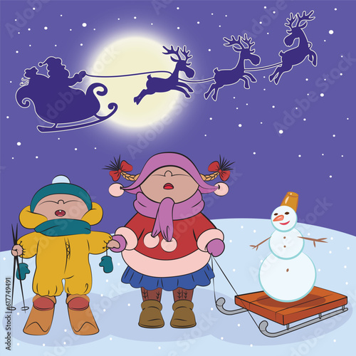 Vector Christmas card - funny cartoon boy on skis and a girl with a sled on which a snowman sits look at the silhouette of Santa's team flying across the sky.