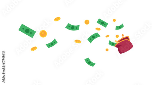 coins and banknotes fly out of a woman's wallet