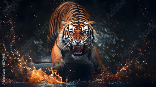 Roaring tiger crossing the stream. AI generated photo
