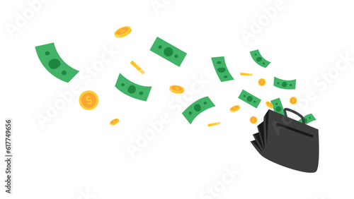 coins and banknotes fly out of a man's bag