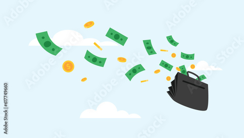 coins and banknotes fly out of a man's bag