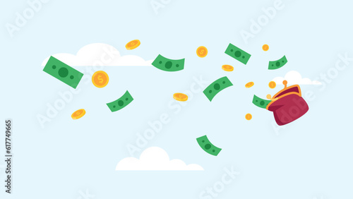 coins and banknotes fly out of a woman's wallet