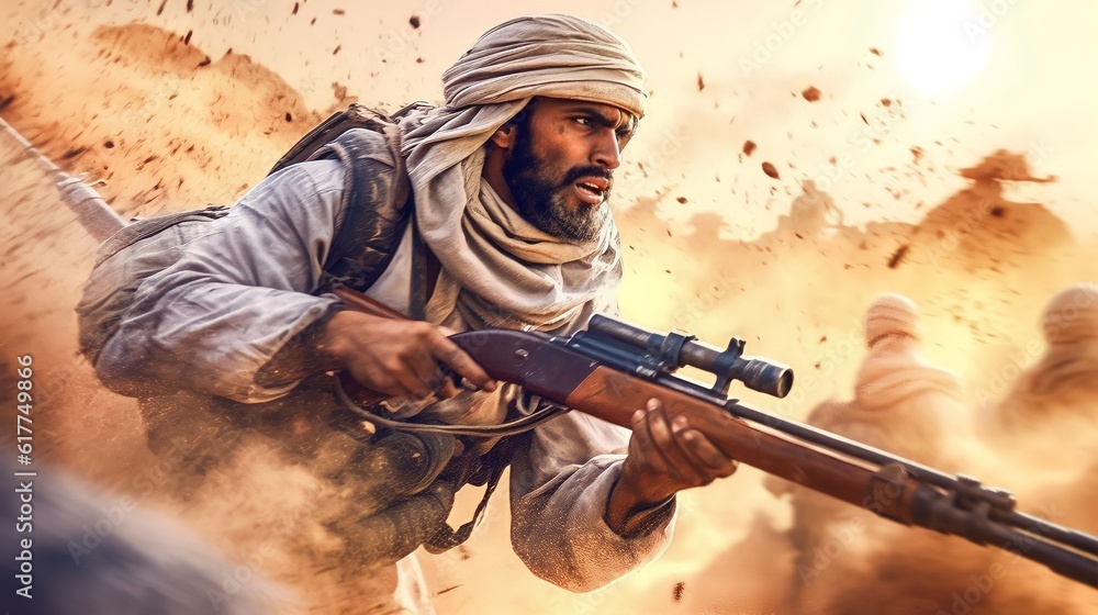 ancient arabic background design, moment of arab soldier in battle