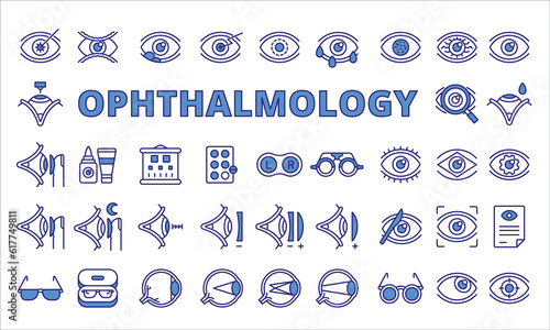 Set of Ophthalmology icons in line design blue. Eye, Vision, Glasses, laser correction, Contact lenses, Retina, Cataract, Glaucoma vector illustrations.Eye icons isolated on while background vector