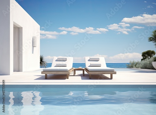 The edge Luxury swimming pool with white fashion deckchairs on the beach., Exterior design. Created with Generative AI technology. © lililia
