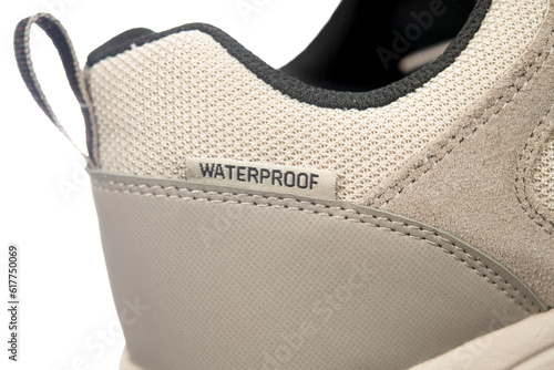 Close-up image of a waterproof hiking boots label