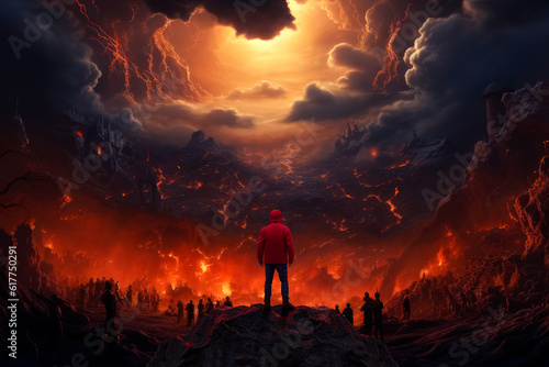 Man observes an epic landscape with flames and stormy. AI generative