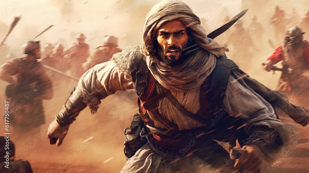 ancient arabic background design, moment of arab soldier in battle