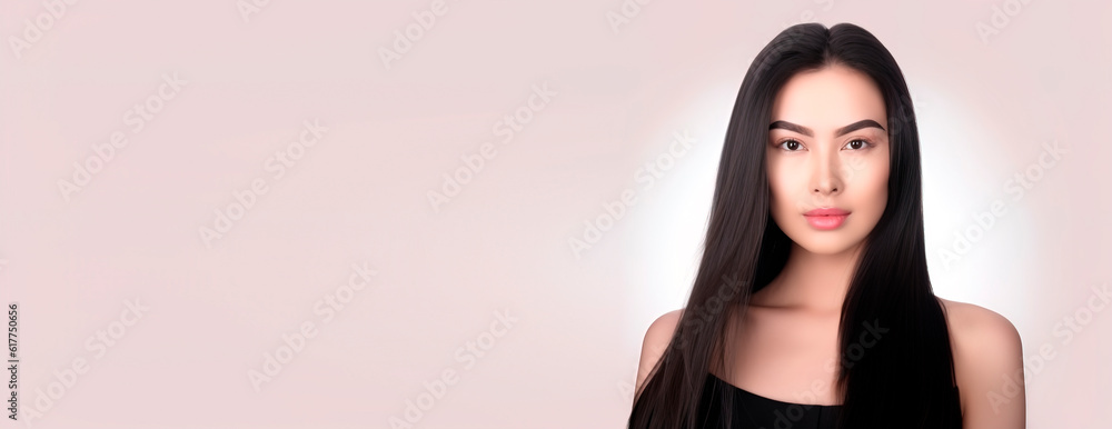 Φωτογραφία Charming Asian teenager with long hair blowing in the breeze exudes positivity with a bright smile on a white background