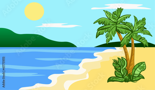 Cartoon flat panoramic landscape with the palms on colourful background. Vector illustration.