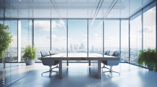 Modern interior office building empty space with big glass window skyline view created with Generative AI
