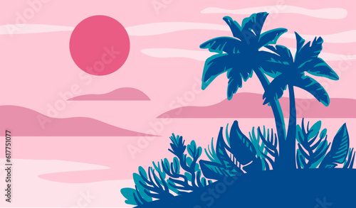 Cartoon flat panoramic landscape, sunset with the palms on colourful background. Vector illustration.