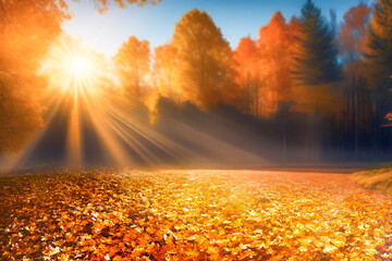 Beautiful bright colorful autumn landscape with a carpet of yellow leaves. Natural park with autumn trees on a bright sunny day.