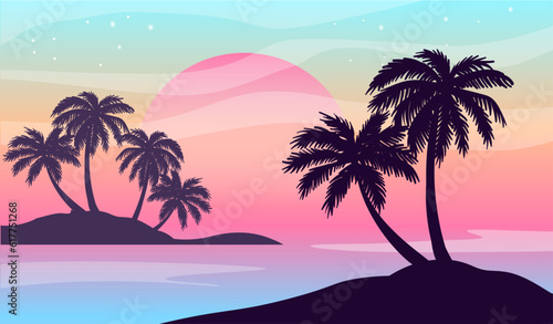 Fototapeta Naklejka Na Ścianę i Meble -  Cartoon flat panoramic landscape, sunset with the palms on colourful background. Vector illustration.