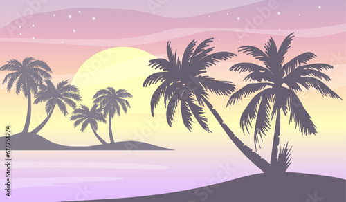 Cartoon flat panoramic landscape  sunset with the palms on colourful background. Vector illustration.