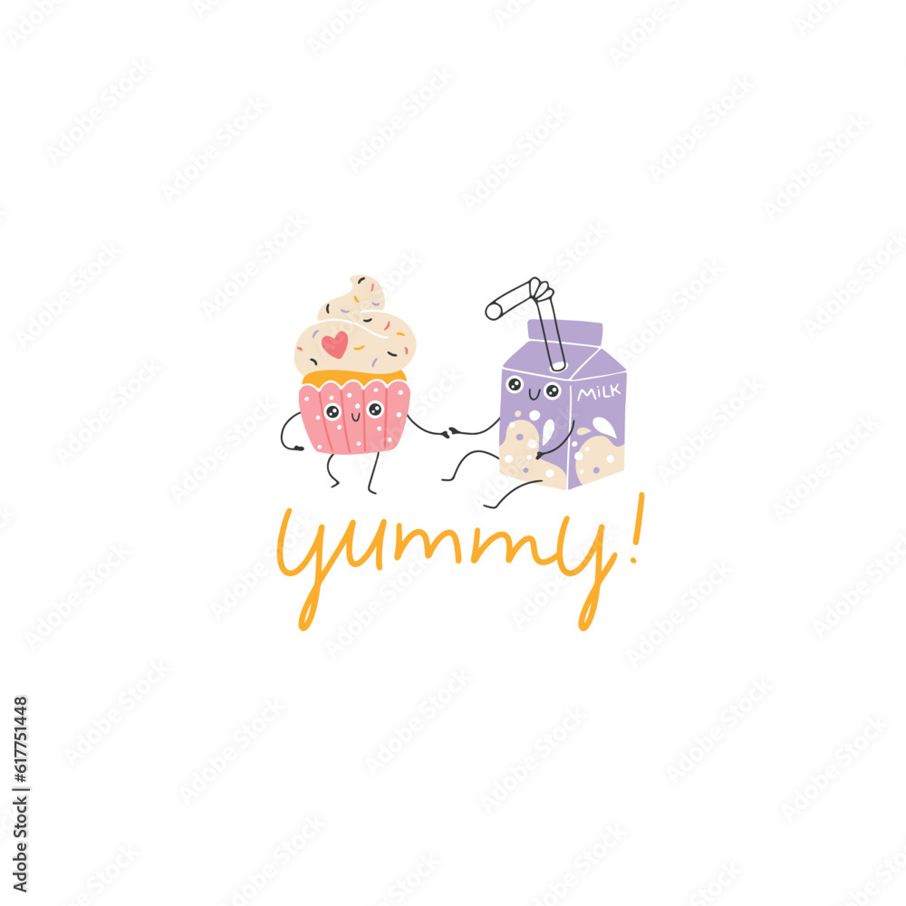 Cupcake and baby Milk box friendly card cute smile. Hand drawn nursery cartoon doodle kawaii dessert character. Childish vector illustration in a simple naive style. Perfect for printing.