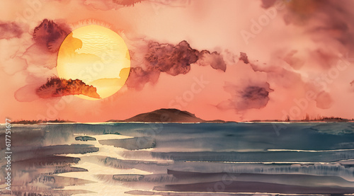 illustrazione Generative Ai di crepuscolo infuocato su mare calmo photo