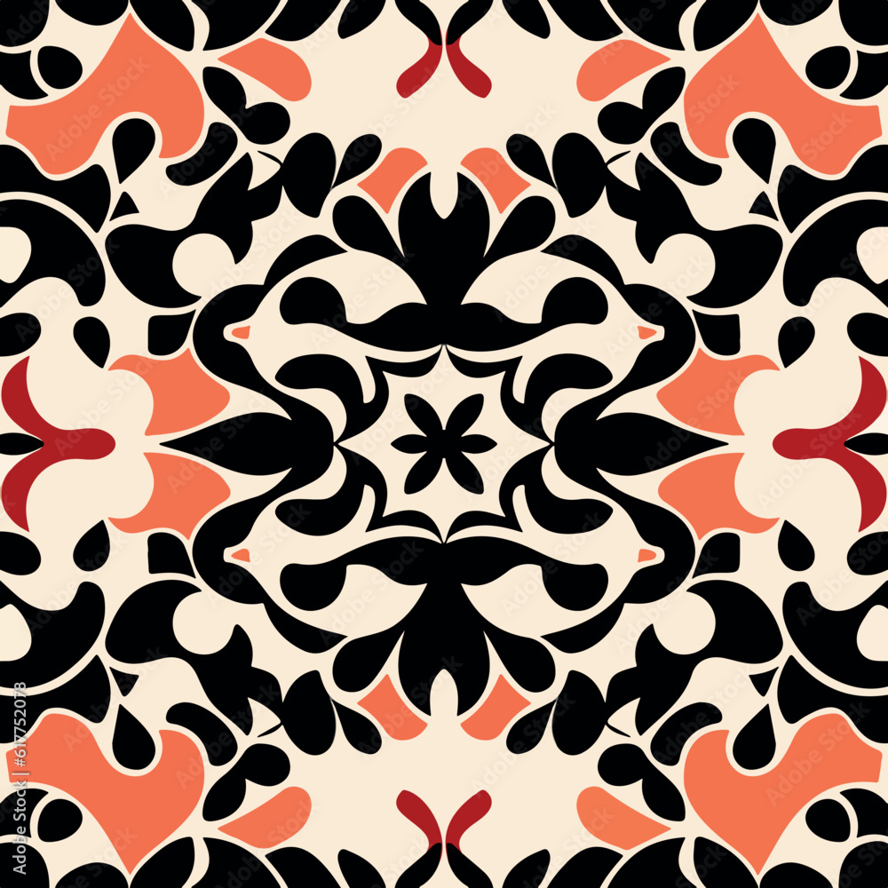 Vibrant black and orange pattern on white background, showcasing intricate damask and fractal muqarnas design. Vibrant black and orange pattern on white background, showcasing intricate damask and fractal muqarnas design.