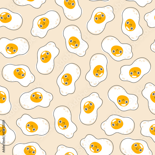 Fried egg seamless pattern cute smile. Hand drawn nursery cartoon doodle kawaii breakfast character. Childish vector illustration in a simple naive style. Perfect for printing.