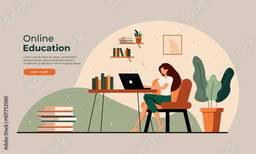 Woman with laptop sitting in home and working. Layout for website page. Concept illustration for working, freelancing, studying, education, work from home. Vector illustration EPS 10