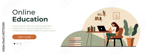 Woman with laptop sitting in home and working. Layout for website page. Concept illustration for working, freelancing, studying, education, work from home. Vector illustration EPS 10