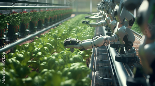 Modern technology agricultural green house with robot created with Generative AI