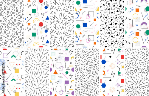 Set of seamless memphis patterns. Minimalistic geometric endless background on white.