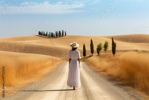 woman walking on a dirt road photo