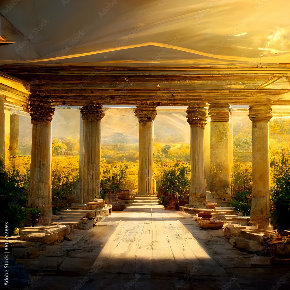 a place for gods to dance and party vinyard elegant architecture ancient greek golden light magical 4k detail landscape 