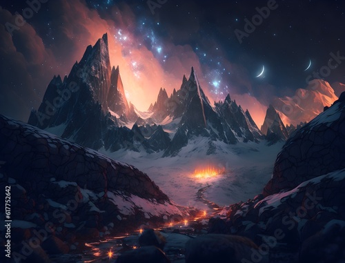 the jagged peaks of mountains the brilliant starfilled night sky burns fueling the imagination of adventurers dramatic lighting cinematic 