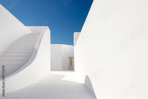 Architectural background white abstract structure with walls and staircases on blue sky background. Design construction concept