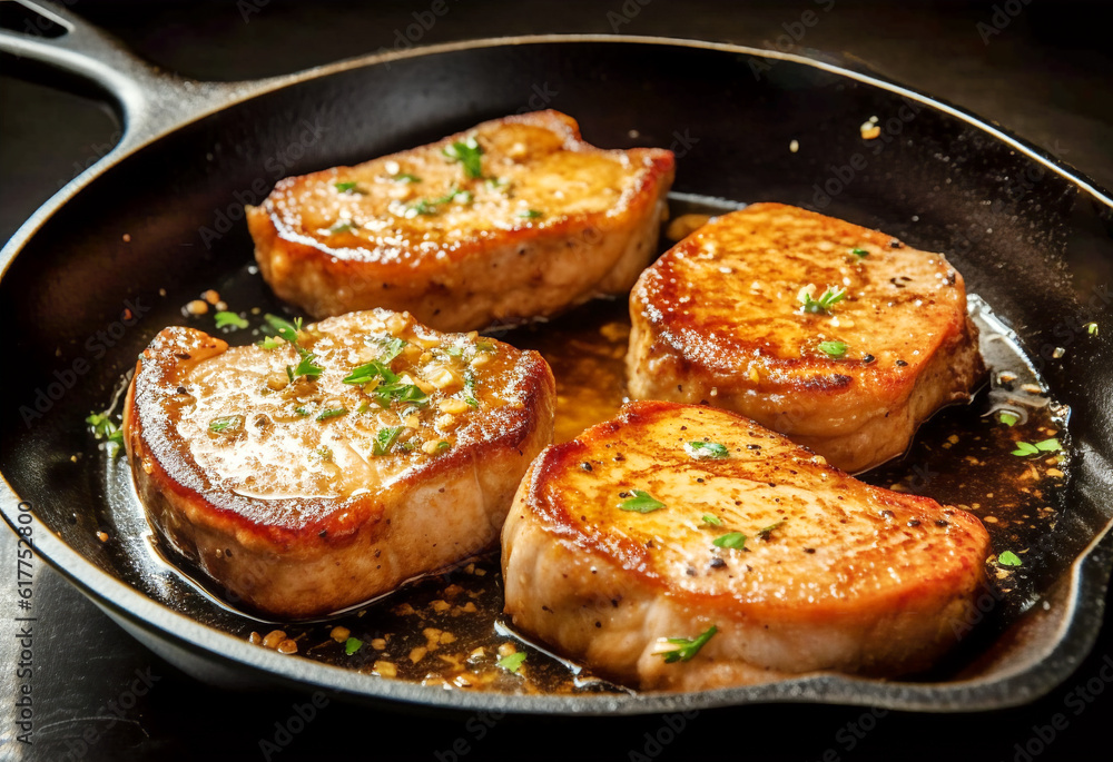 Simple and delicious pan fried pork chops in sizzling butter with thyme. Traditional American cuisine dish specialty for family dinner holiday celebrations Simple and delicious pan fried pork chops in sizzling butter with thyme. Traditional American cuisine dish specialty for family dinner holiday celebrations
