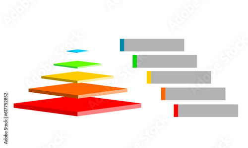 Infographic hierarchical statistical illustration of red with orange with yellow with blue and green triangles divided , Pyramid shape made of five layers for presenting business ideas