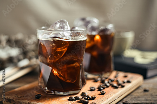 Iced americano coffee with coffee beans