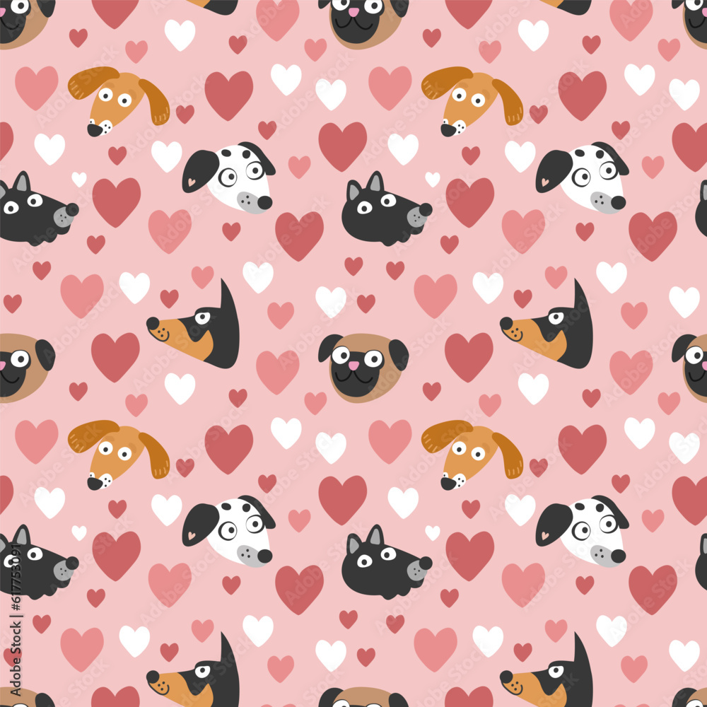 Fototapeta premium Cute dog faces and hearts. Seamless pattern, vector illustration
