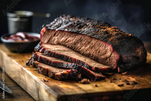 Delicious barbeque smoked Texas brisket with thick charcoal crust on cutting board. Traditional American cuisine dish. Hearty comfort food photo