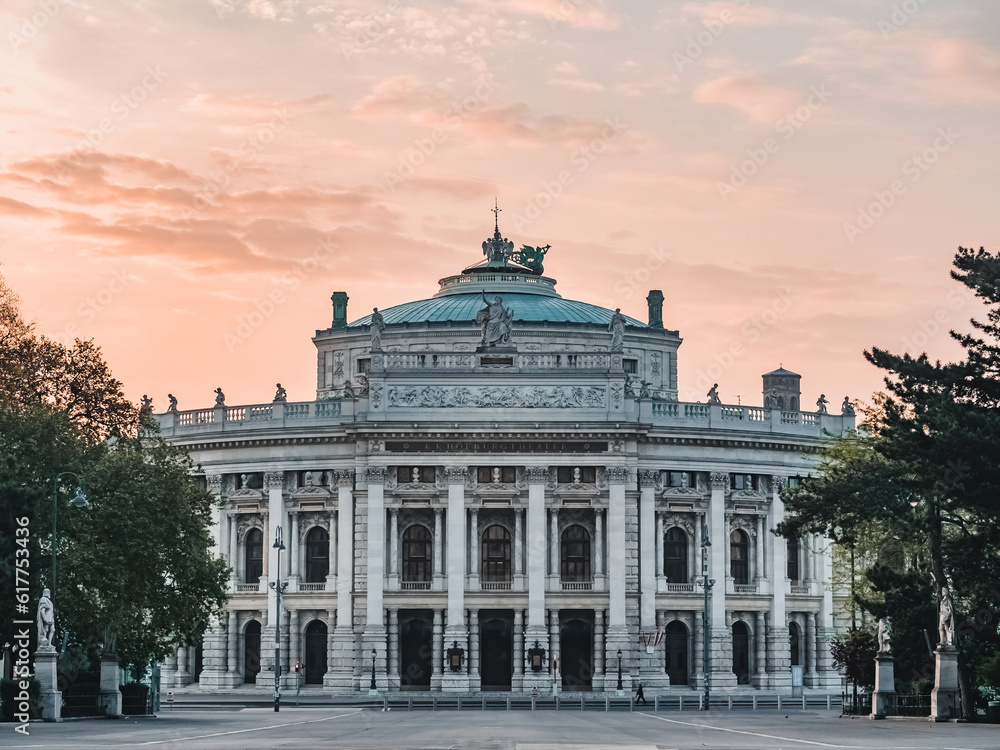 Facade of Burgtheater in Vienna at sunrise
