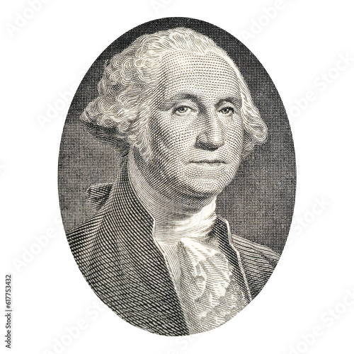 Portrait of US president George Washington. Face Washington on USA 1 dollar bill closeup isolated. America money