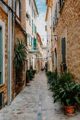 Narrow street in historic village in Spain.