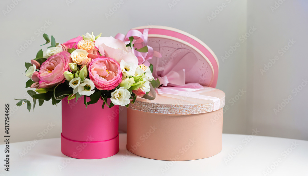 beautiful bouquet of flowers in round box and pink gift box on a white table