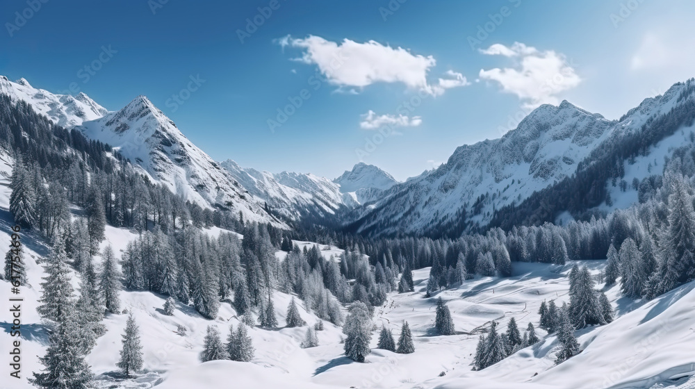 Majestic snowy mountain landscape with sharp snow covered peaks and clear blue skies, ai generative