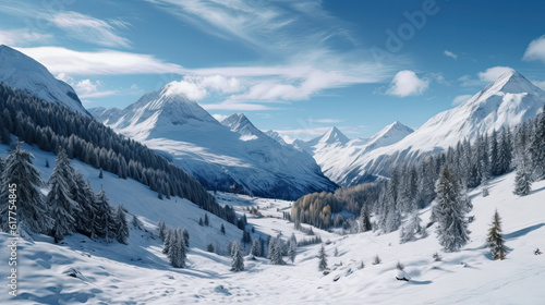 Majestic snowy mountain landscape with sharp snow covered peaks and clear blue skies, ai generative © paffy