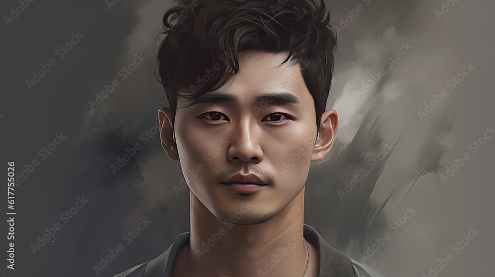 A Korean man looking straight into the camera, in the style of a realistic portrait, with wavy hair, surrounded by a soft mist. Generative AI