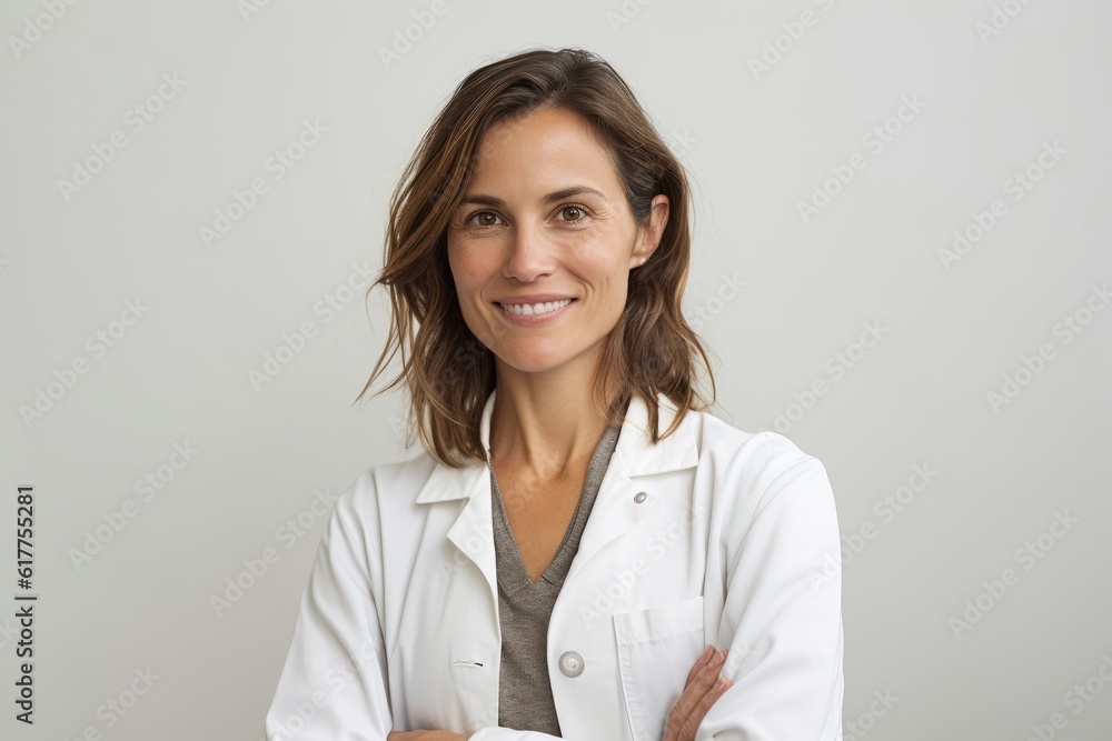 Portrait of a smiling female doctor standing with arms crossed over white background - obrazy, fototapety, plakaty 