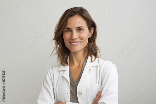 Slika na platnu Portrait of a smiling female doctor standing with arms crossed over white backgr
